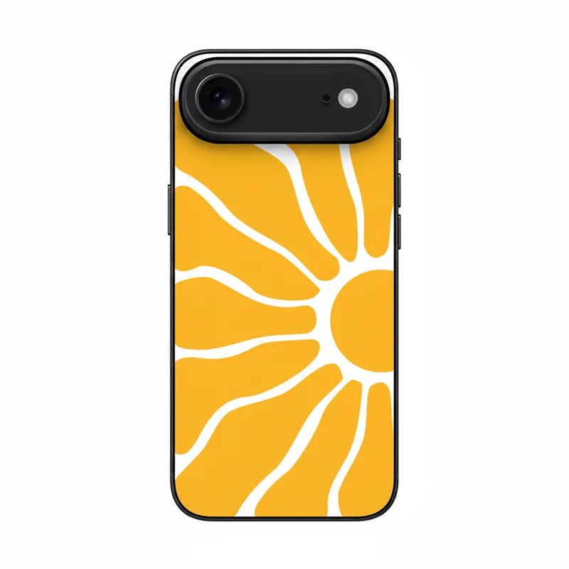 A phone case featuring a retro-style yellow sunburst pattern with white rays, shown on a black smartphone against a plain white background.