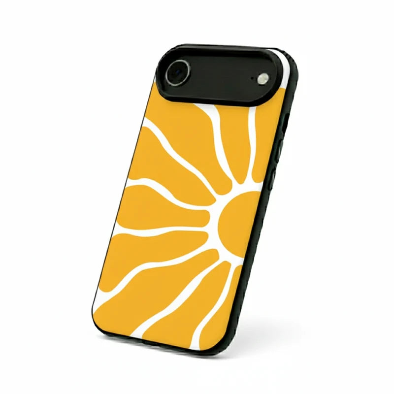 A phone case featuring a retro-style yellow sunburst pattern with white rays, shown on a black smartphone against a plain white background.