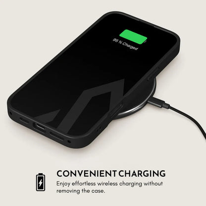 Black phone with wireless charging case on a light gray background