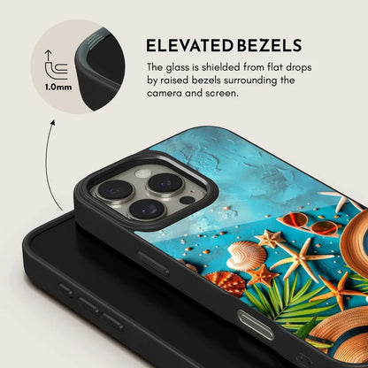 Phone case with raised bezels and a tropical design on a white background